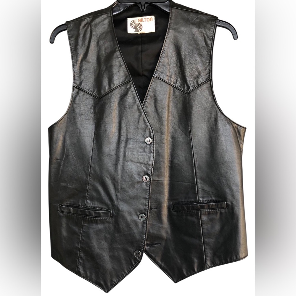 SILTON 1980’S Vintage Black Motorcycle Leather Vest.Size 38 US Medium Classic.
